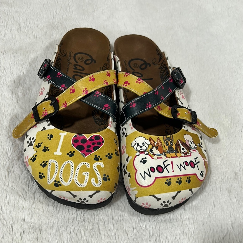 Calceo Dog Shoe Crisscross Mule Comfort Shoe Clog I Love Dogs Multicolor 4.5/35